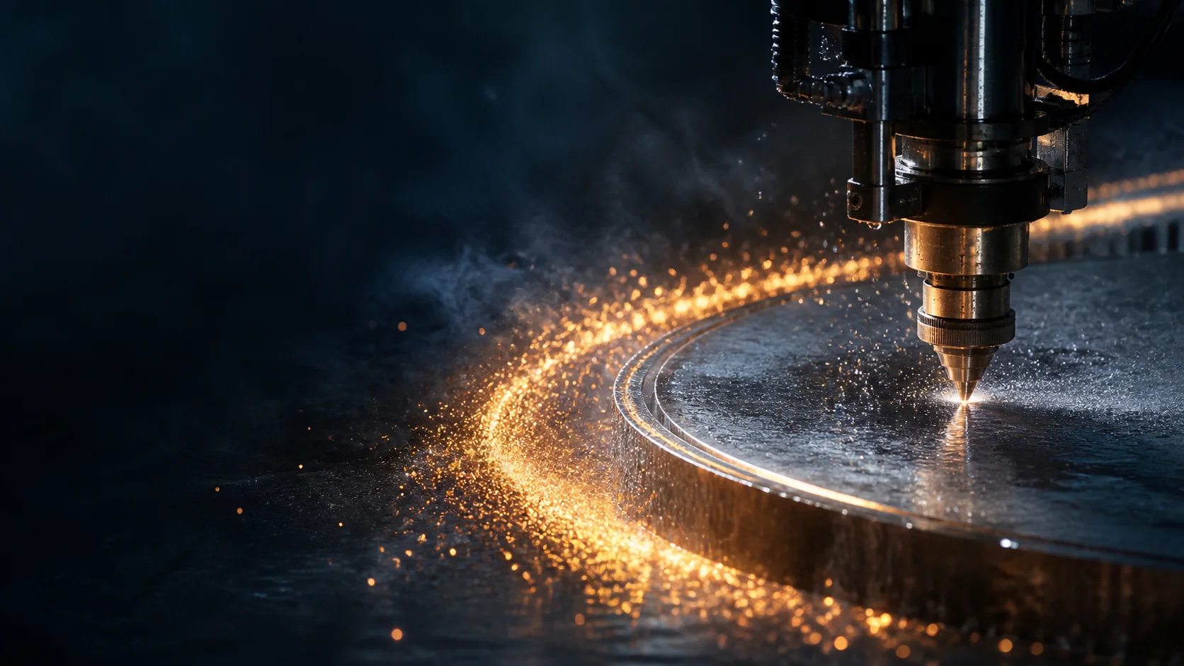 Fictional automated cutting head tracing a circular steel plate